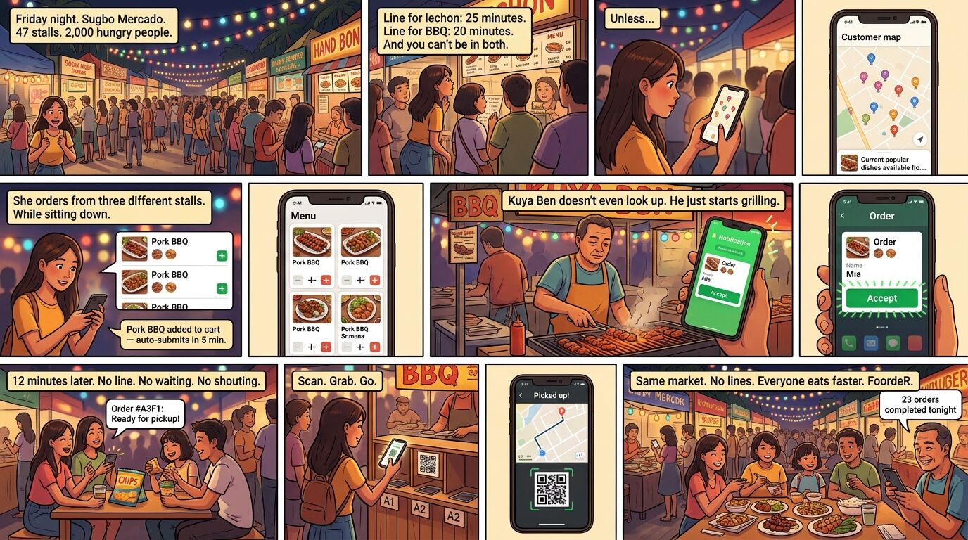 FoordeR overview — how the app works at a food market