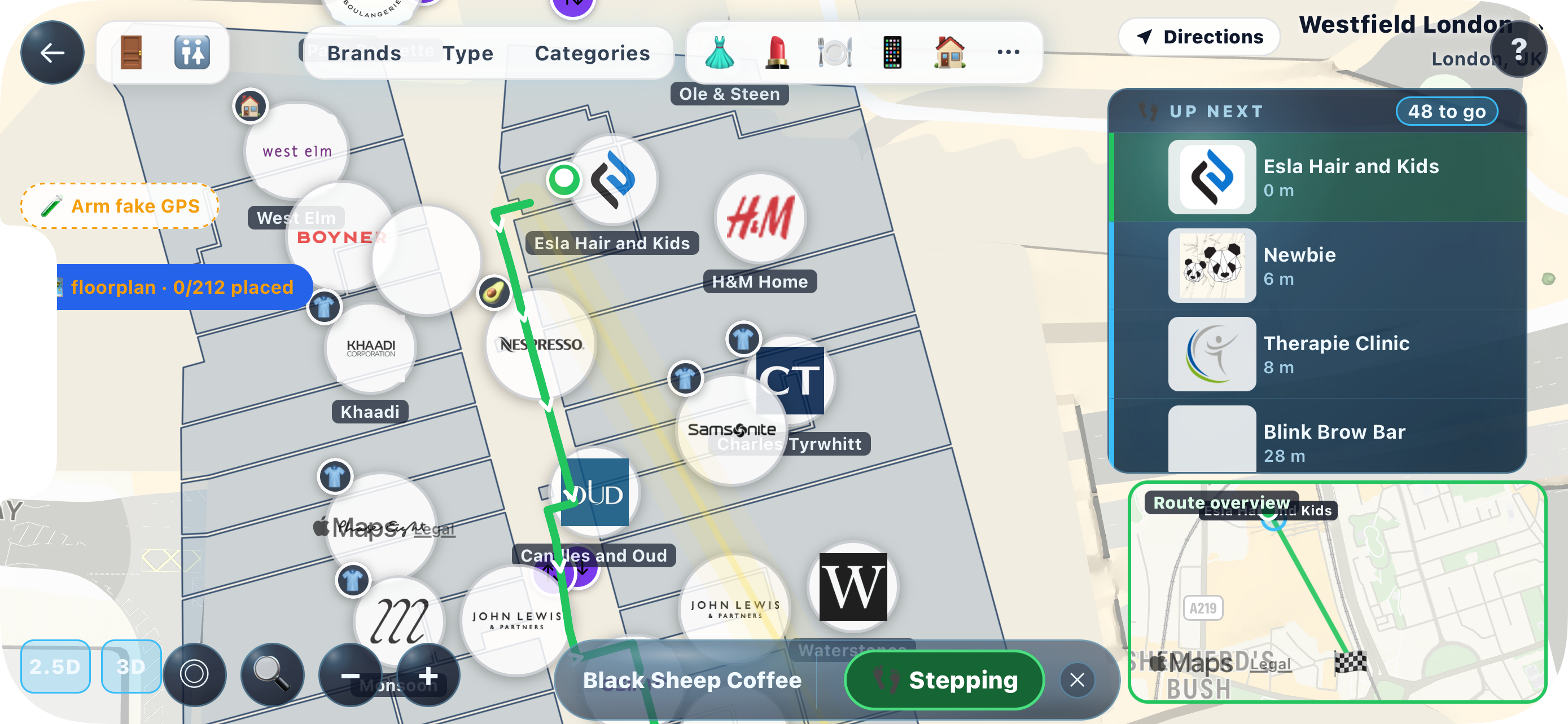 Nventori step-by-step indoor directions through a mall corridor